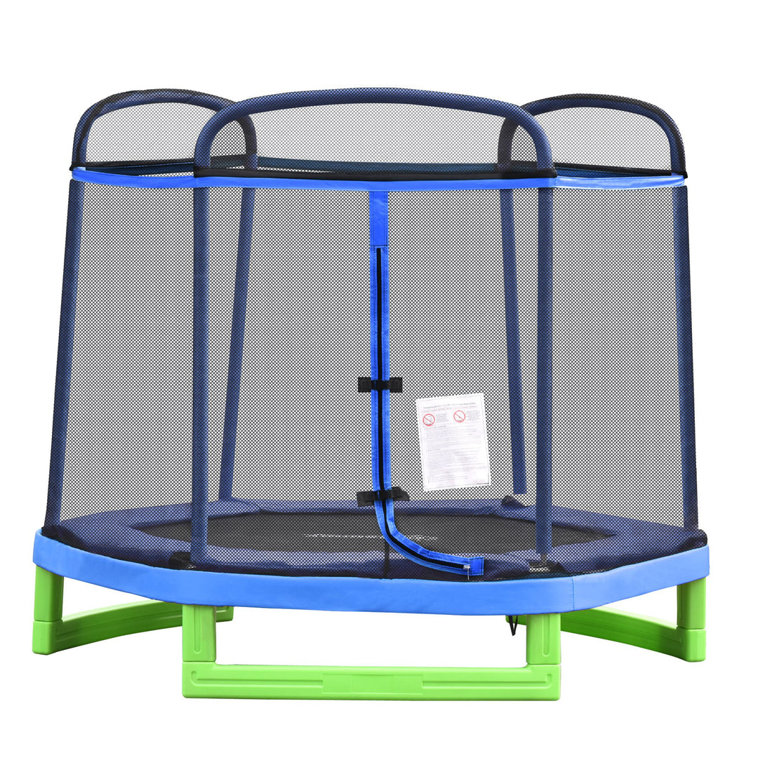 215 cm Kids Trampoline Indoor Bouncer Jumper w/ Security Enclosure Net Spring Gym Play Children for 3-12 Years Old Blue