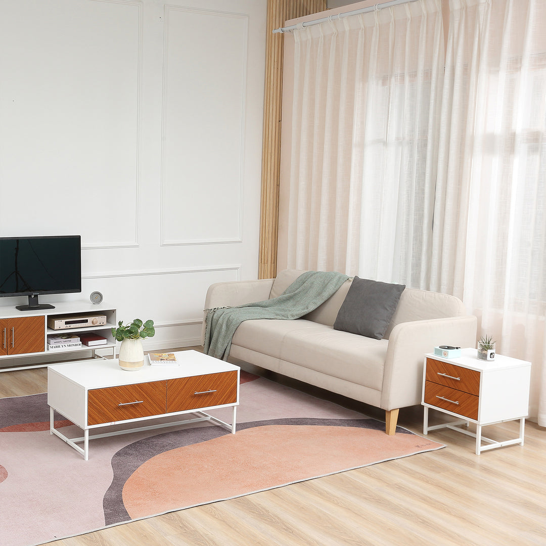 Bedside Table with 2 Drawers and Metal Frame, Sofa Side Table for Bedroom Living Room, White and Brown