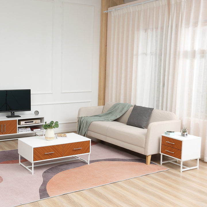 Bedside Table with 2 Drawers and Metal Frame, Sofa Side Table for Bedroom Living Room, White and Brown