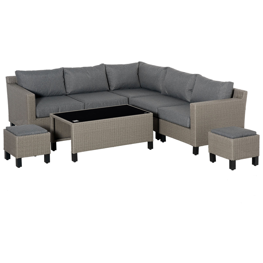 Outsunny 7-Seater PE Rattan Sofa Set Wicker Garden Furniture Patio Conservatory Corner Sofa, w/ Tempered Glass Coffee Table &amp; Cushions, Grey