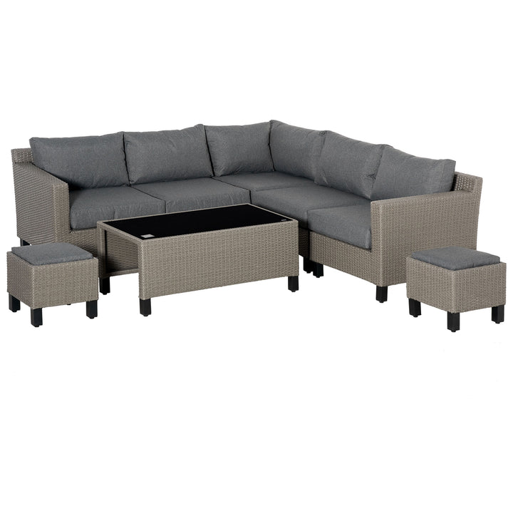 Outsunny 7-Seater PE Rattan Sofa Set Wicker Garden Furniture Patio Conservatory Corner Sofa, w/ Tempered Glass Coffee Table &amp; Cushions, Grey