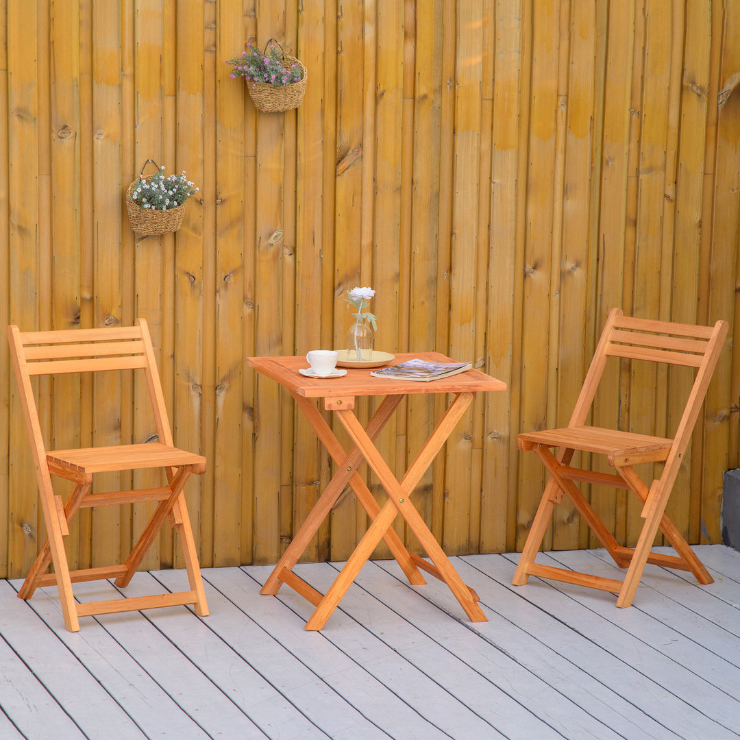 Outsunny 3 Piece Garden Bistro Set, Folding Outdoor Chairs and Table Set, Wooden Patio Dining Furniture for Poolside, Balcony, Teak