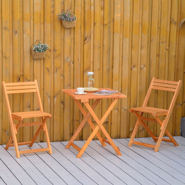 Outsunny 3 Piece Garden Bistro Set, Folding Outdoor Chairs and Table Set, Wooden Patio Dining Furniture for Poolside, Balcony, Teak