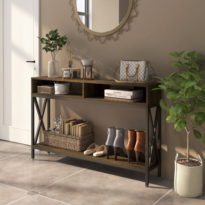 Console Table, Entryway Table with 3 Compartments, Metal Frame, Adjustable Feet for Living Room, Hallway, Rustic Brown