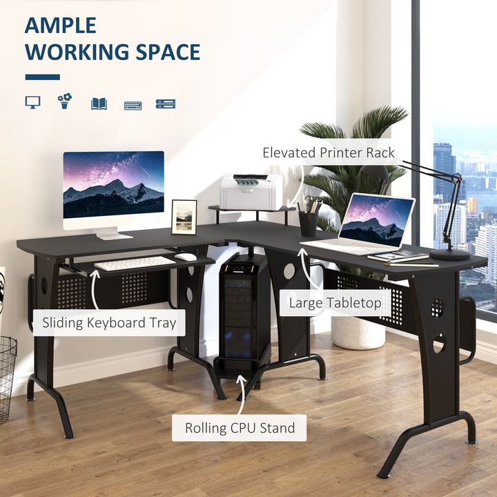 L-Shaped Corner Work Desk Gaming Office w/ Steel Frame CPU Rack Keyboard Tray Space-Saving Melamine Coating Computer Home Workstation Black