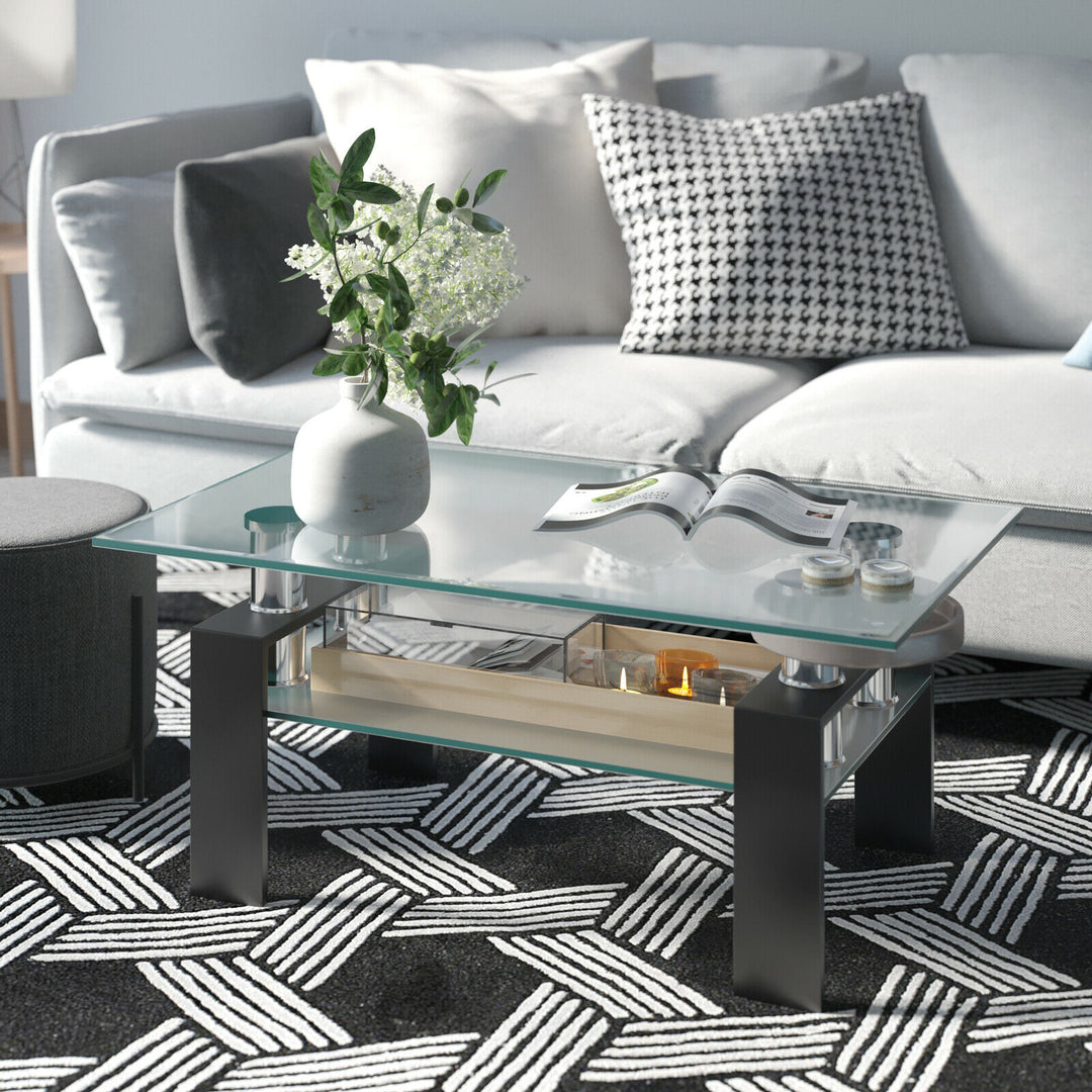 Modern Glass Coffee Tea Table with Open Shelf-Black