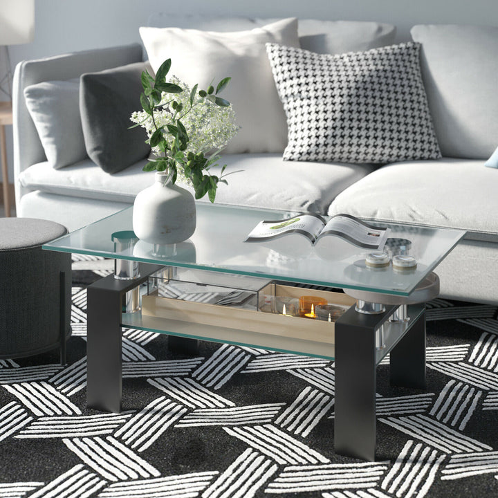 Modern Glass Coffee Tea Table with Open Shelf-Black