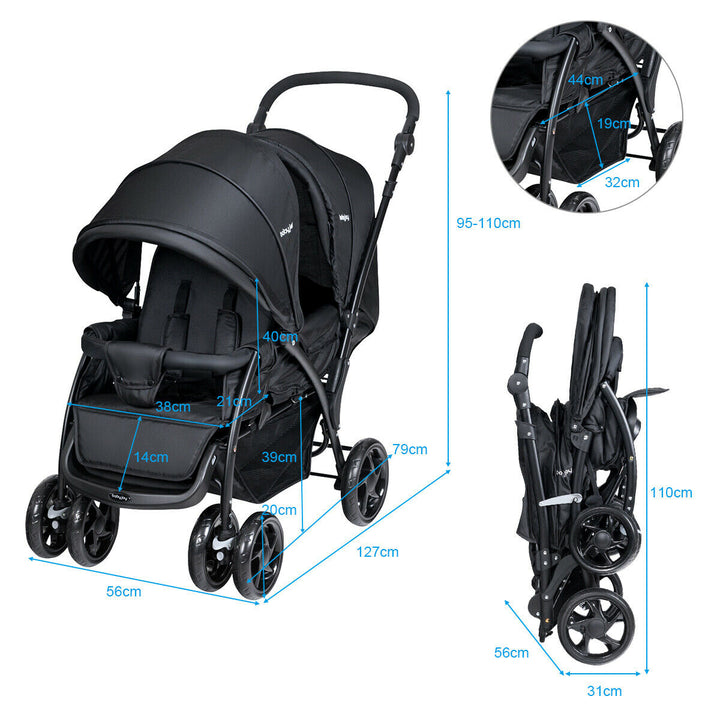 Double Pushchair with Adjustable Backrest and Sunshade-Black