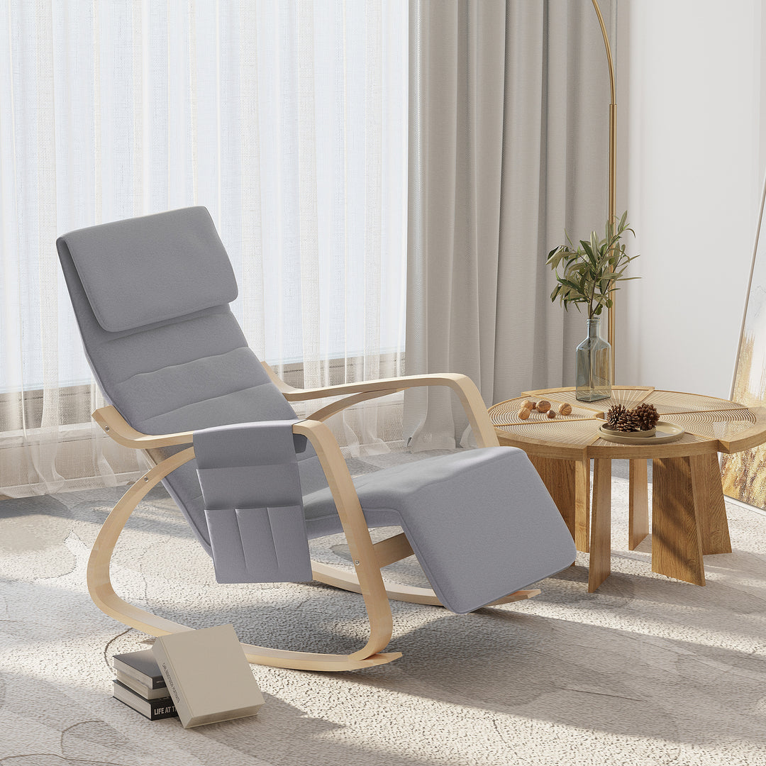 Wooden Rocker Rocking Lounge Chair Recliner Relaxation Lounging Relaxing Seat with Adjustable Footrest &amp; Side Pocket &amp; Cushion (Light gray)