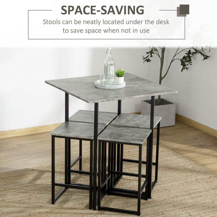 Square Bar Table with Stools, Concrete Effect 5 Pieces Small Kitchen Table and Chairs Set for 4 People, with Steel Frame and Footrest, Grey