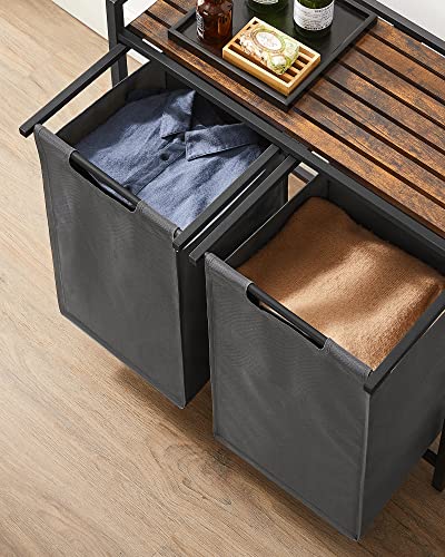 Laundry Basket with 2 Compartments in Metal Frame, Rustic Brown and Grey