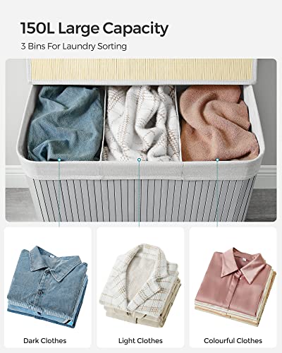 Foldable Laundry Hamper Basket with 3 Sections- Grey