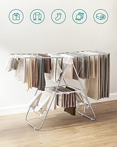 Clothes Drying Rack, Height-Adjustable Wings, Free-Standing, White and Silver