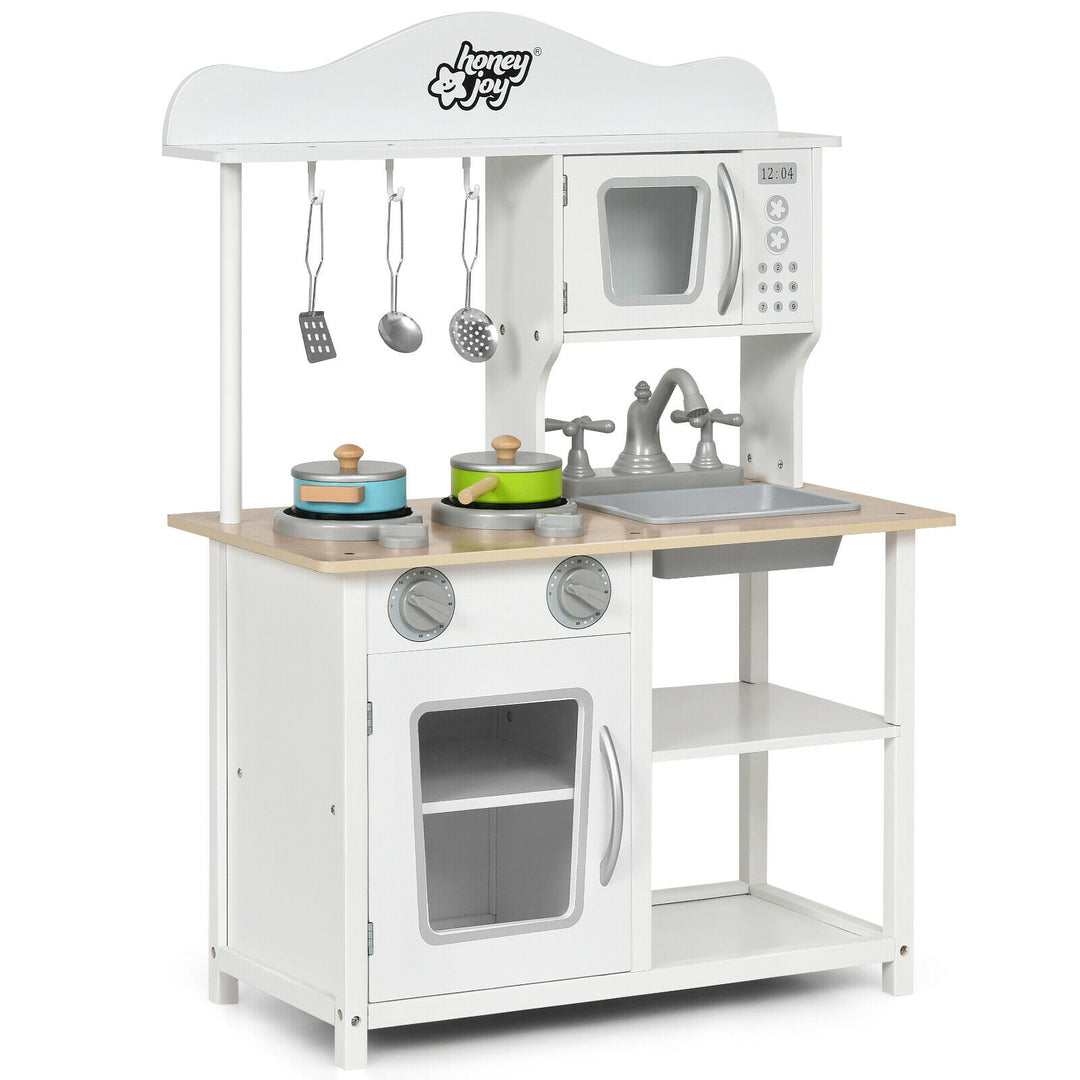 Children's Wooden Play Kitchen with Cooking Pots and Utensils