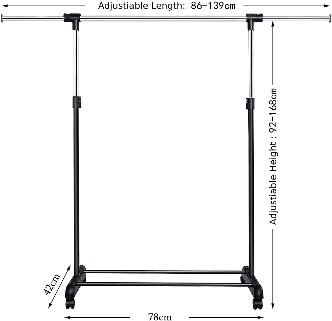 Adjustable Single Rail Garment Rack with Wheels and Bottom Shelf