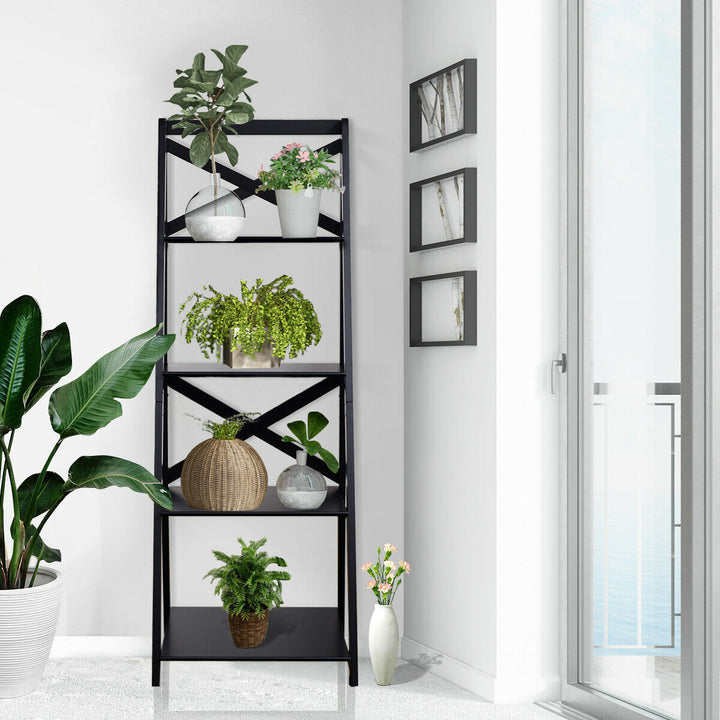 4 Tier Wooden Ladder Shelving Unit-Black