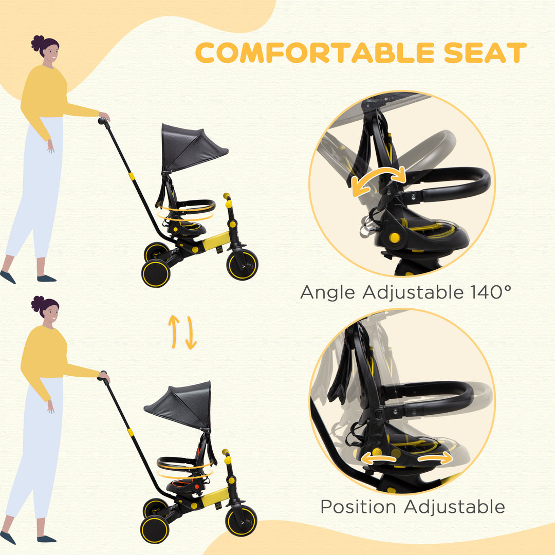 3-in-1 Tricycle for Kids with Aluminium Frame, Baby Trike with Adjustable Push Handle, Canopy and Seat Angle for 18-48 Months, Yellow