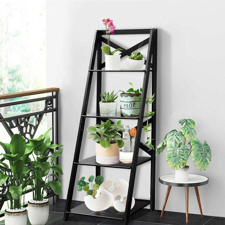 4 Tier Wooden Ladder Shelving Unit-Black