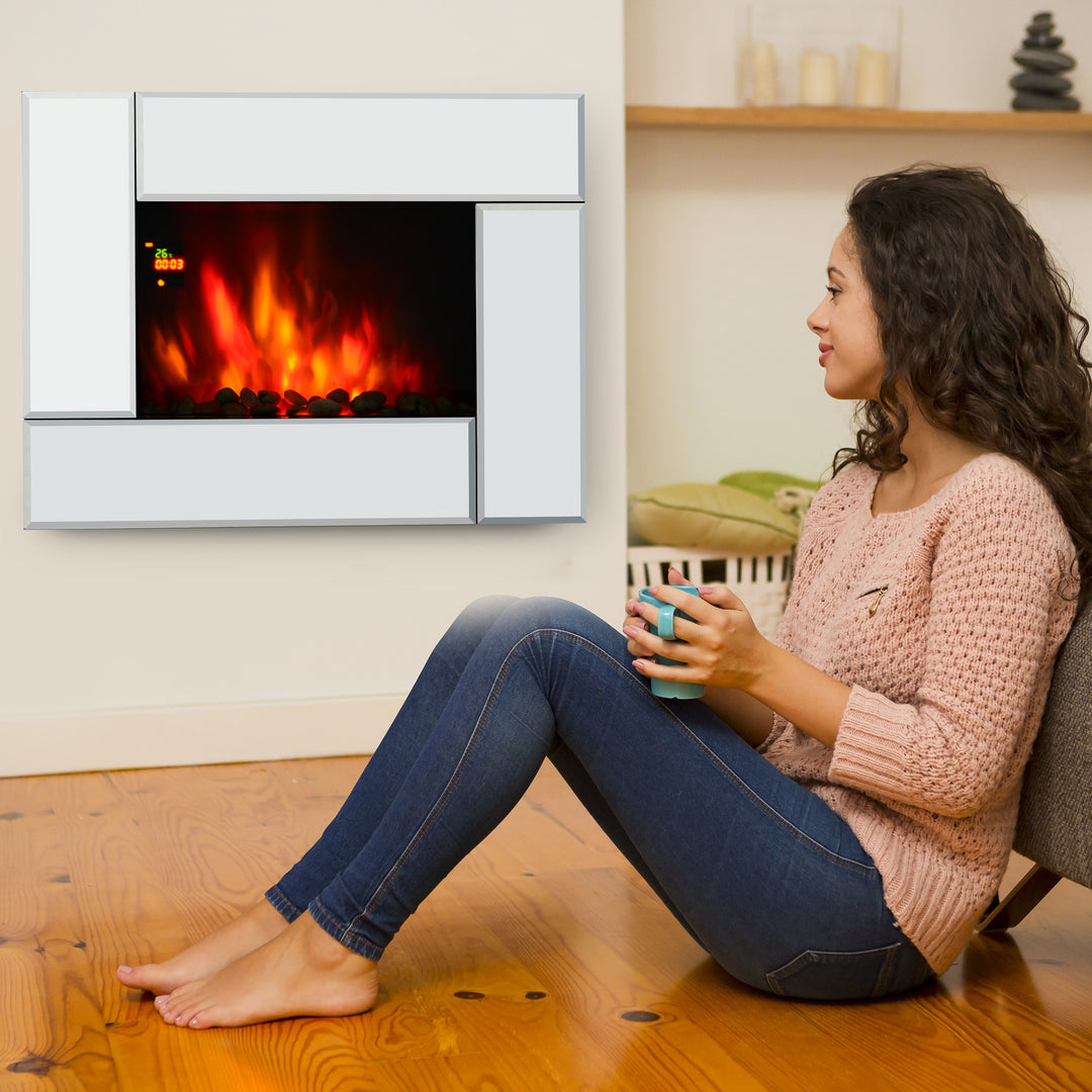 1800W Wall Mounted Electric Fireplace Heater 7 Coloured LED Light Fire Glass Screen with Pebble Effect &amp; Remote Control