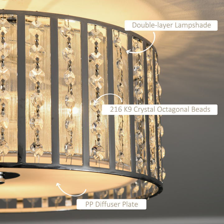 Modern K9 Crystal Chandelier Ceiling Light with Double Layer Lampshade, Round Pendant Light for Living Room, 4 G9 Bulbs Required, Φ35 cm