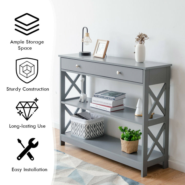 3-Tier Console Table with 1 Drawer and 2 Storage Shelves-Grey