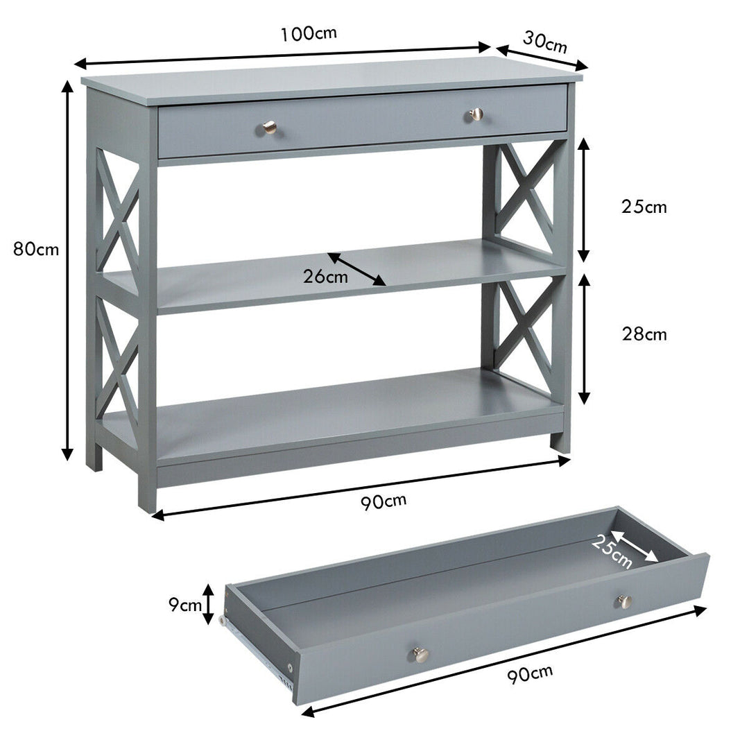 3-Tier Console Table with 1 Drawer and 2 Storage Shelves-Grey