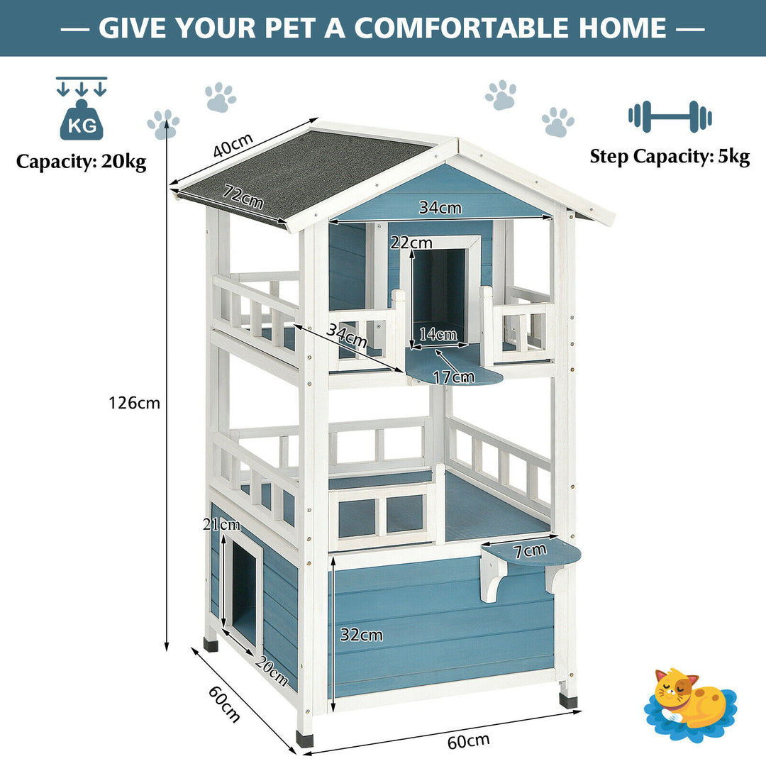 3 Storey Wooden Cat House with Enclosure and Sloping Asphalt Roof