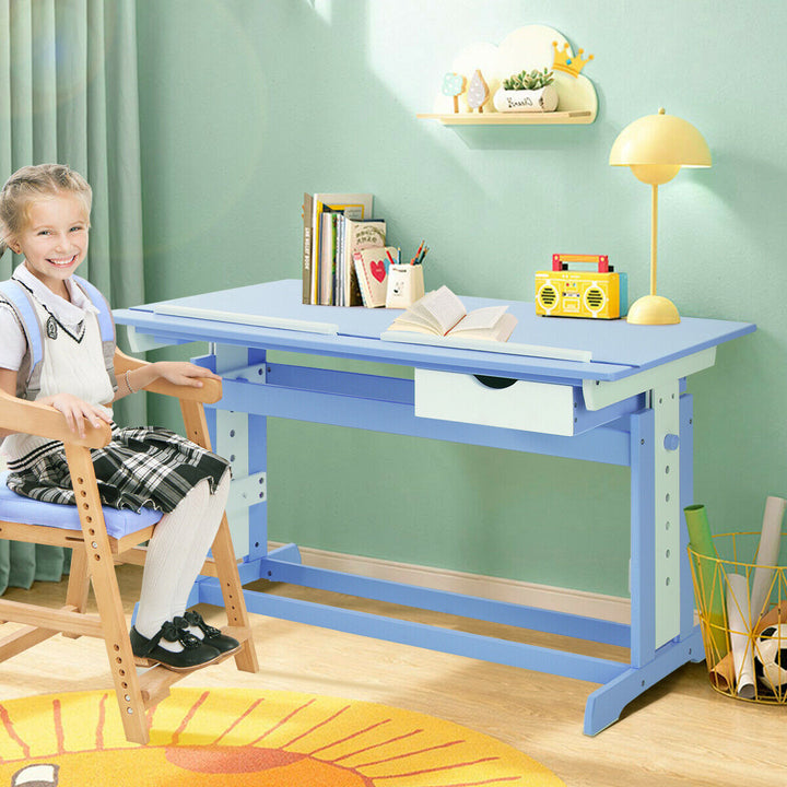 Children's Height Adjustable Tilting Drawing Table with Storage-Blue