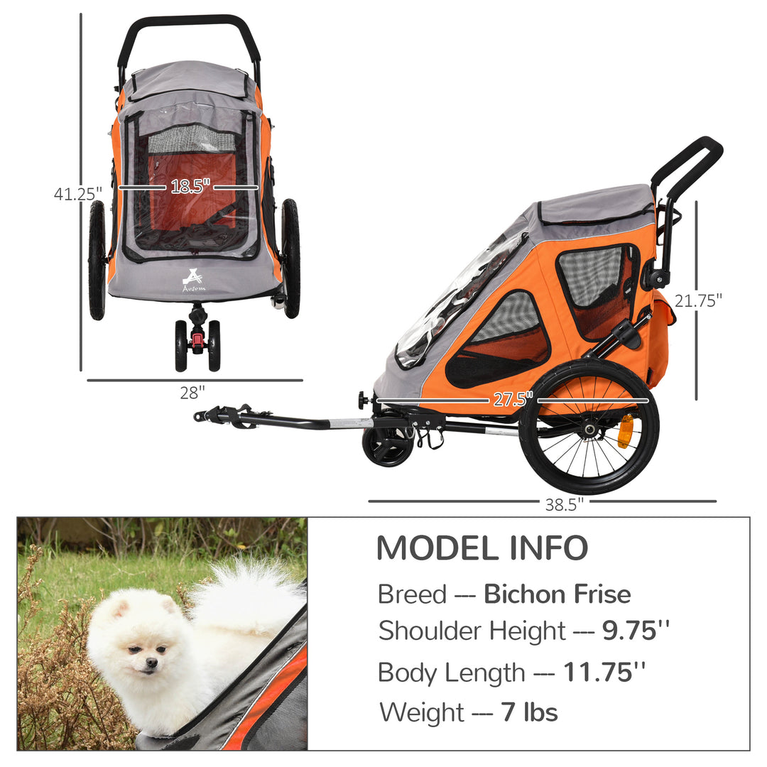 2 IN 1 Dog Bicycle Trailer Pet Carrier Stroller 360° Rotatable Front Wheel Reflectors Parking Brake Straps Cup Holder Water Resistant Orange