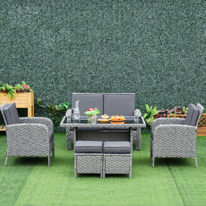 6-Seater Outdoor Patio Rattan Dining Table Sets All Weather PE Wicker Sofa Furniture Set for Backyard Garden w/ Cushions Grey