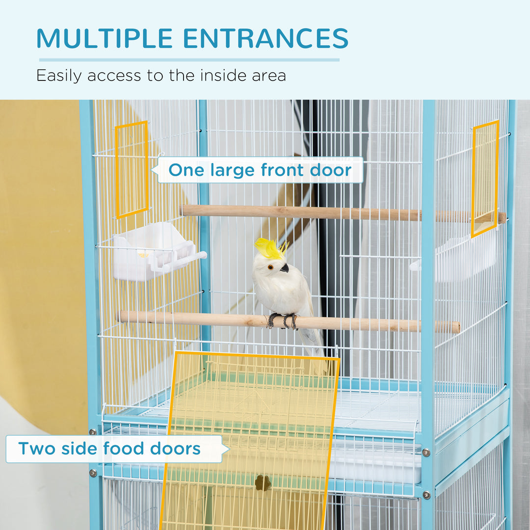 2 In 1 Large Bird Cage Aviary for Finch Canaries, Budgies with Wheels, Slide-out Trays, Wood Perch, Food Containers, Light Blue