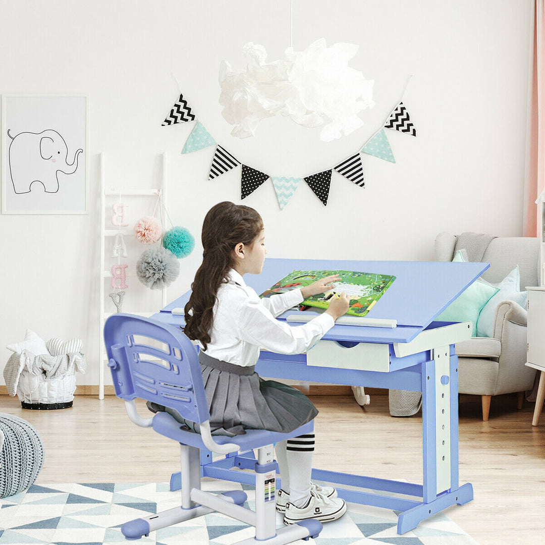 Children's Height Adjustable Tilting Drawing Table with Storage-Blue