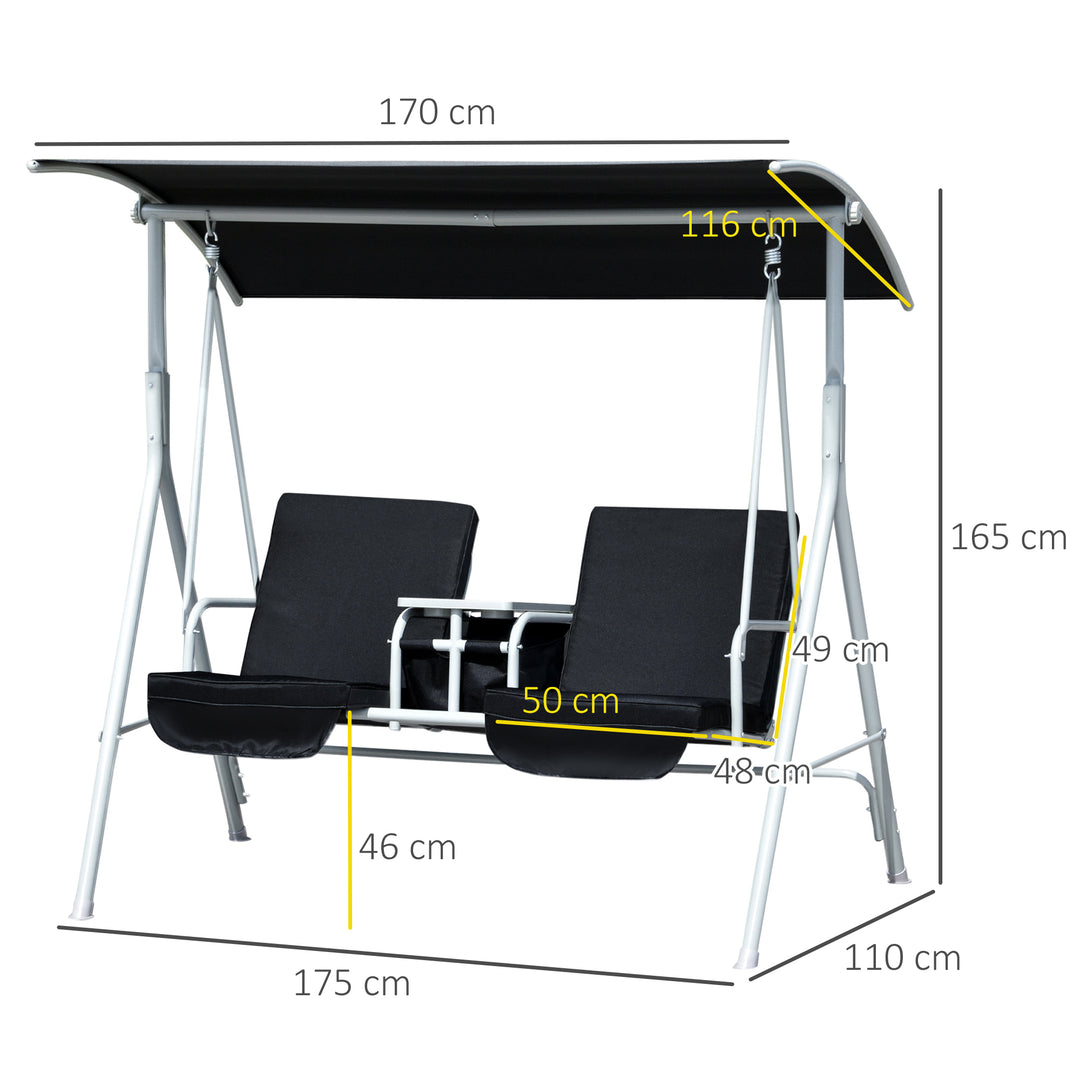 2 Seater Garden Swing Chair Patio Rocking Bench w/ Tilting Canopy, Double Padded Seats, Storage Bag and Tray, Black