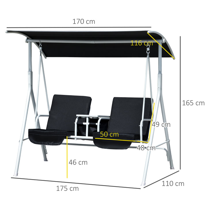 2 Seater Garden Swing Chair Patio Rocking Bench w/ Tilting Canopy, Double Padded Seats, Storage Bag and Tray, Black