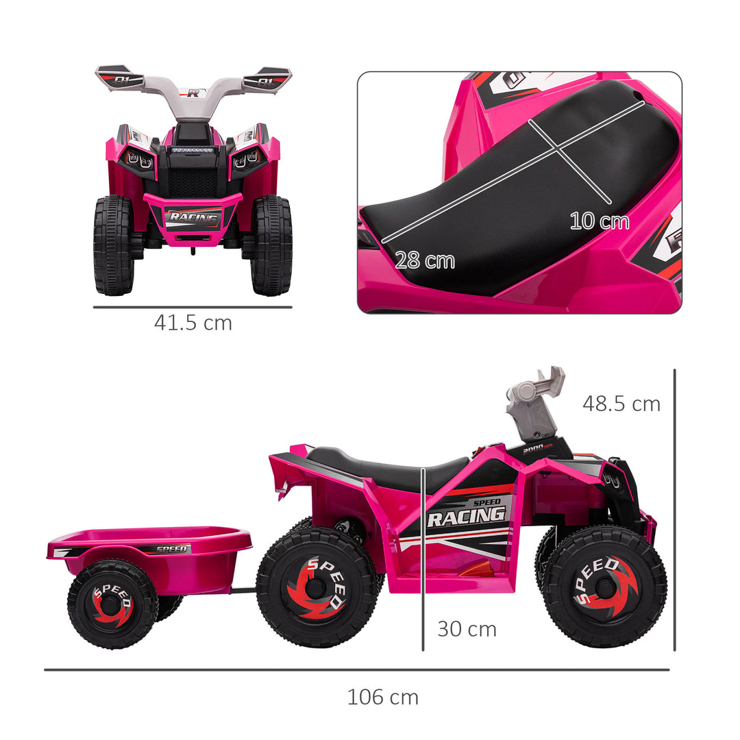 6V Quad Bike with Back Trailer, Wear-Resistant Wheels for Ages 18-36 Months, Pink