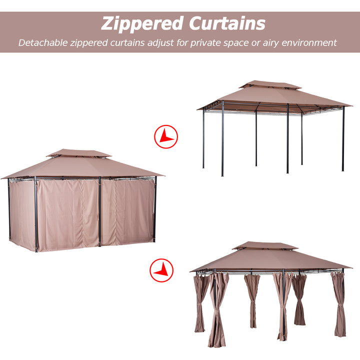 4m x 3(m) Metal Gazebo Canopy Party Tent Garden Pavillion Patio Shelter Pavilion with Curtains Sidewalls Brown