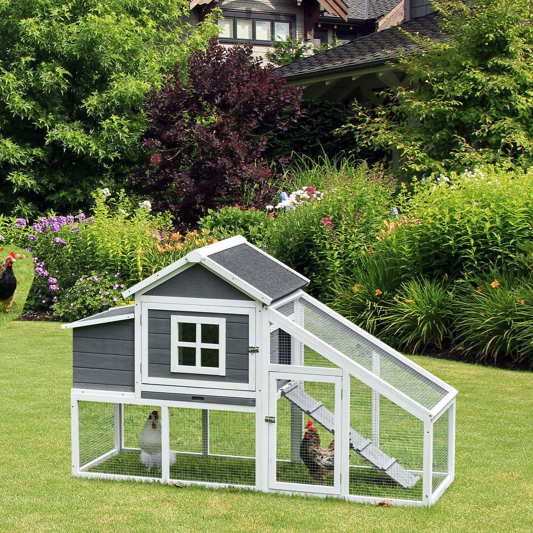 PawHut Chicken Coop, Hen House, Wooden Poultry Habitat with Outdoor Run, Nesting Box, Slide Out Tray, Lockable Doors, Ramp, 176 x 66 x 110cm, White