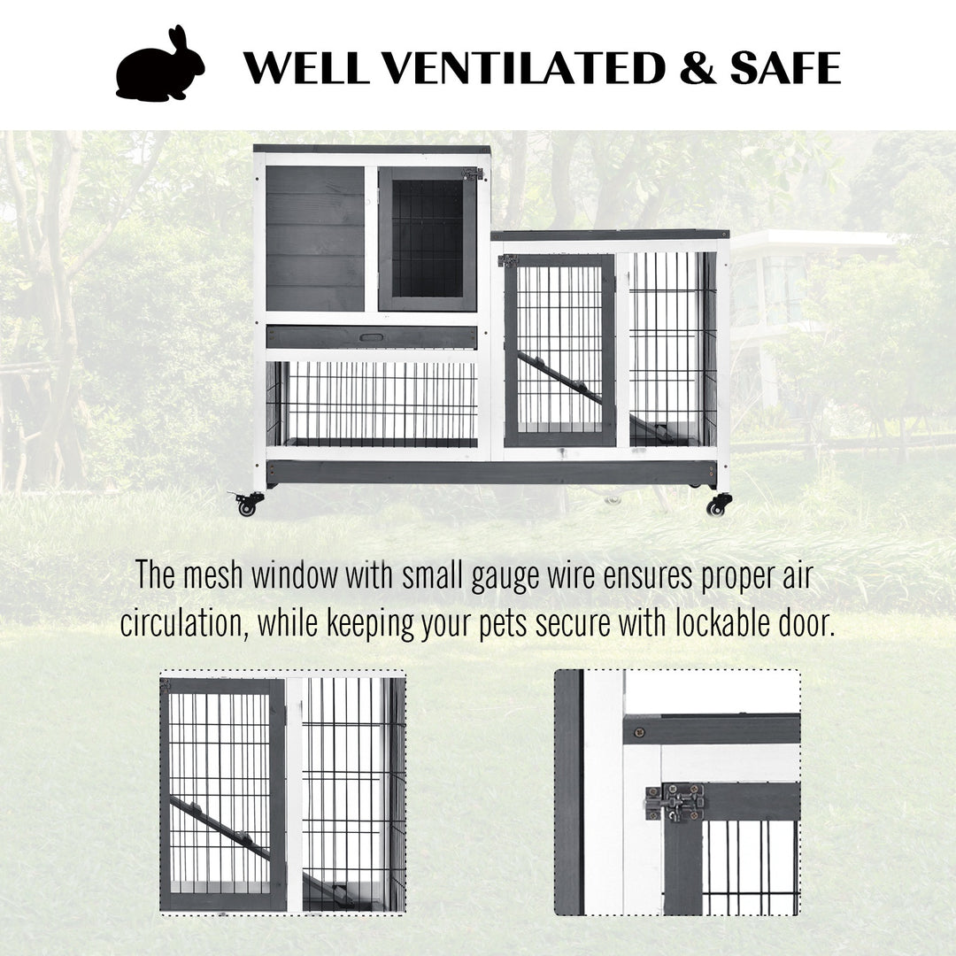 PawHut Indoor Wooden Rabbit Hutch Guinea Pigs House Bunny Small Animal Cage W/ Wheels Enclosed Run 110 x 50 x 86 cm