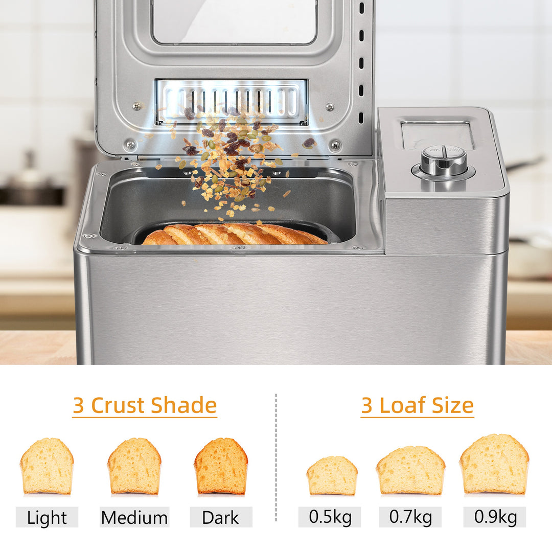 25 in 1 Bread Machine 0.9 KG Capacity Programmable Stainless Steel Dough Maker with Auto Fruit Nut Dispenser Nonstick Pan 3 Loaf Sizes, 550W