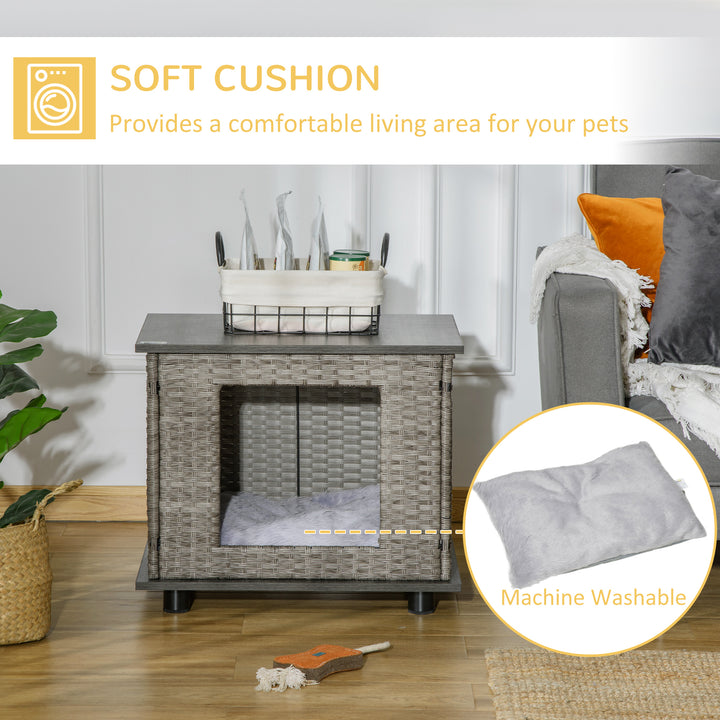 Wicker Dog House Rattan Pet Bed End Table Furniture with Soft Cushion for X-Small Dogs - Grey