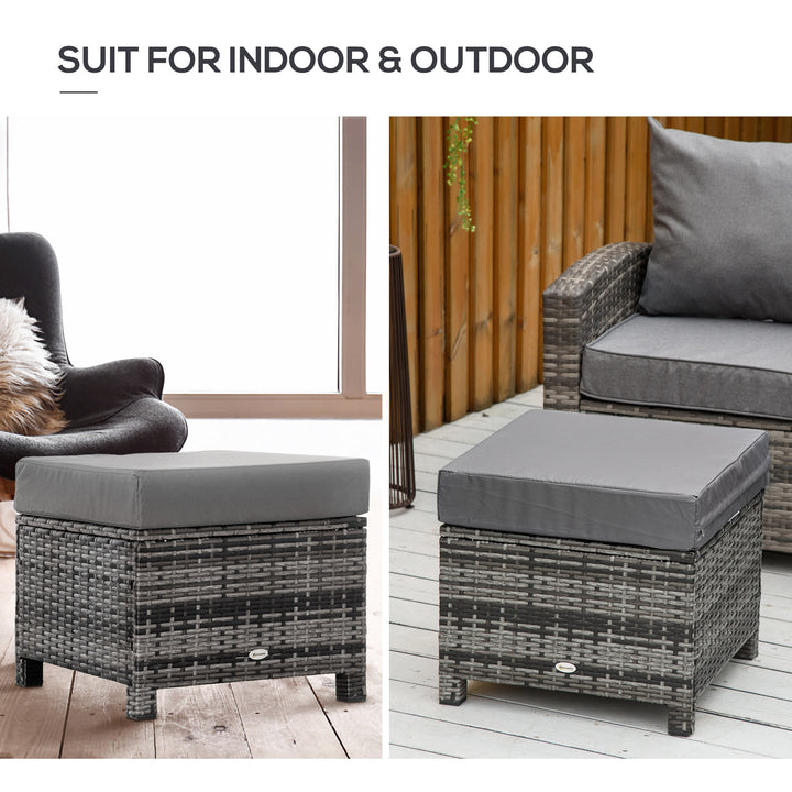 Outsunny Rattan Footstool Wicker Ottoman with Padded Seat Cushion Outdoor Patio Furniture for Backyard Garden Poolside Living Room 50x50x35cm Grey