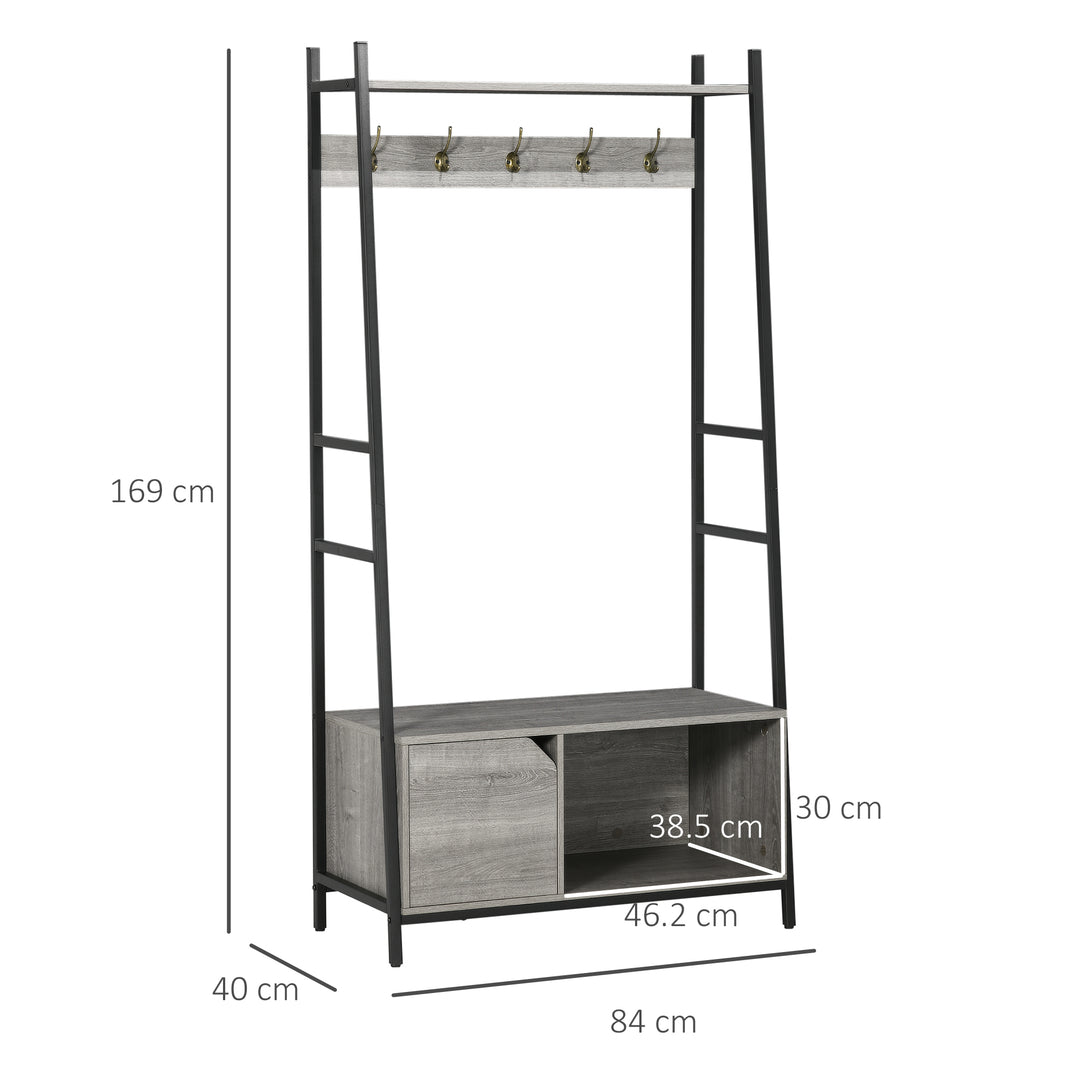 Coat Rack Stand, Shoe Bench with 5 Hooks and Storage Cabinet, Freestanding Metal Frame Hall Tree for Hallway, Grey