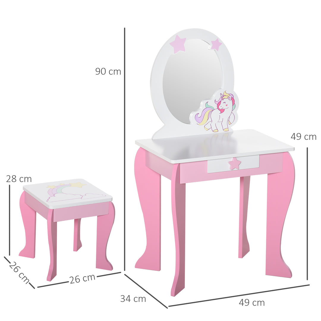 Girls Dressing Table with Mirror and Stool, Kids Dressing Table, Unicorn Pretend Play Toy for Toddles Girls Age 3-6 Years, Acrylic Mirror, Pink and White