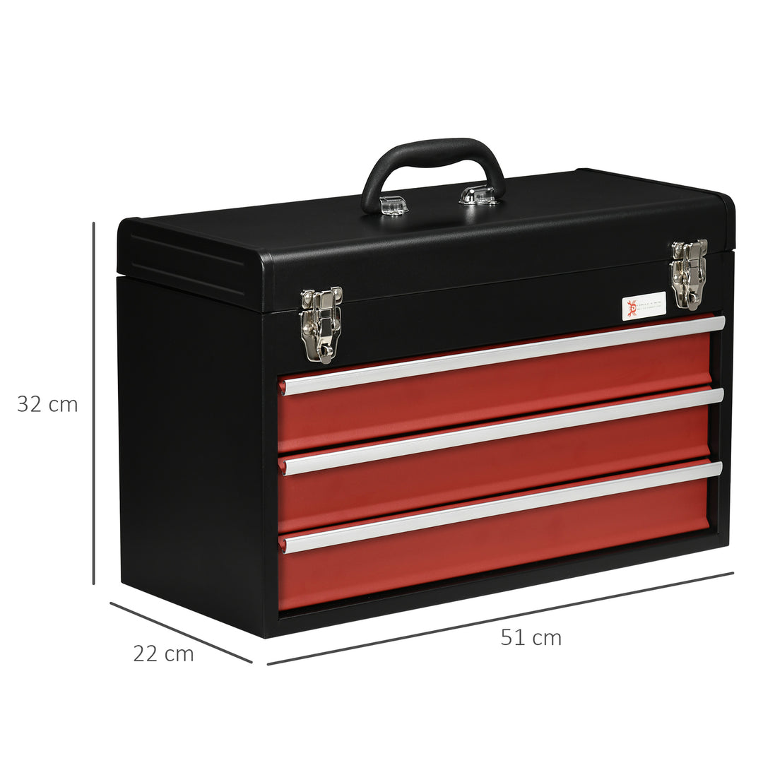 DURHAND 3 Drawer Tool Chest, Lockable Metal Tool Box with Ball Bearing Runners, Portable Toolbox, 510mm x 220mm x 320mm