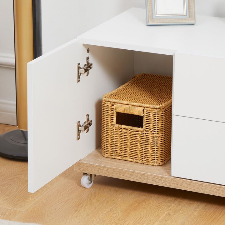 Modern TV Stand Unit for TVs up to 46" with Wheels, Storage Shelves and Drawers, 120cmx39cmx42cm, White and Natural