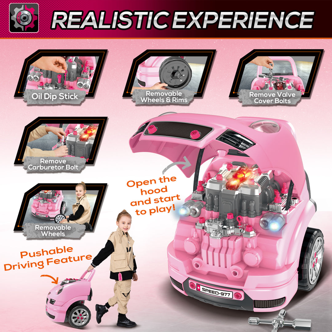 HOMCOM Kids Truck Engine Toy Set, with Horn, Light, Car Key, for Ages 3-5 Years - Pink