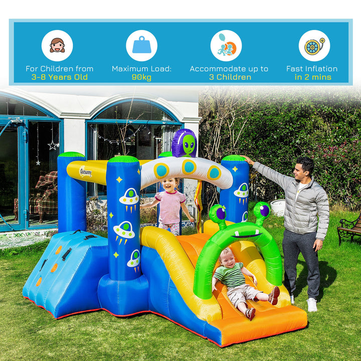 Outsunny 4 in 1 Kids Bounce Castle Large Alien-Style Inflatable House Slide Trampoline Climbing Wall Basket with for Kids Age 3-8, 3.2 x 2.4 x 2m