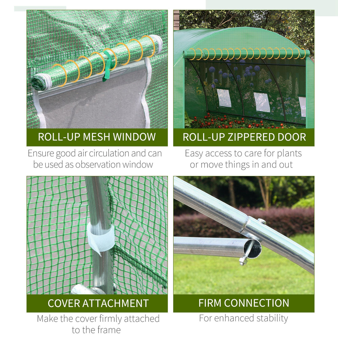 Outsunny Walk-In Polytunnel Greenhouse, Outdoor Garden Greenhouse with PE Cover, Zippered Roll Up Door and 6 Windows, 4 x 3 x 2 m, Green