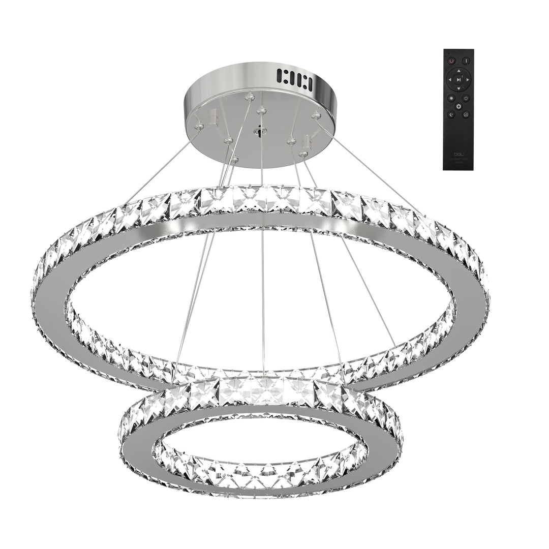 Modern LED Chandelier with 2 Crystal Rings, Dimmable Pendent Ceiling Light Cool Warm White with Adjustable Cable Remote Controller, Silver
