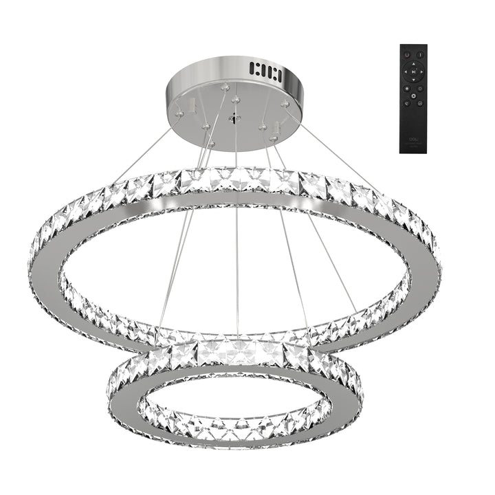 Modern LED Chandelier with 2 Crystal Rings, Dimmable Pendent Ceiling Light Cool Warm White with Adjustable Cable Remote Controller, Silver